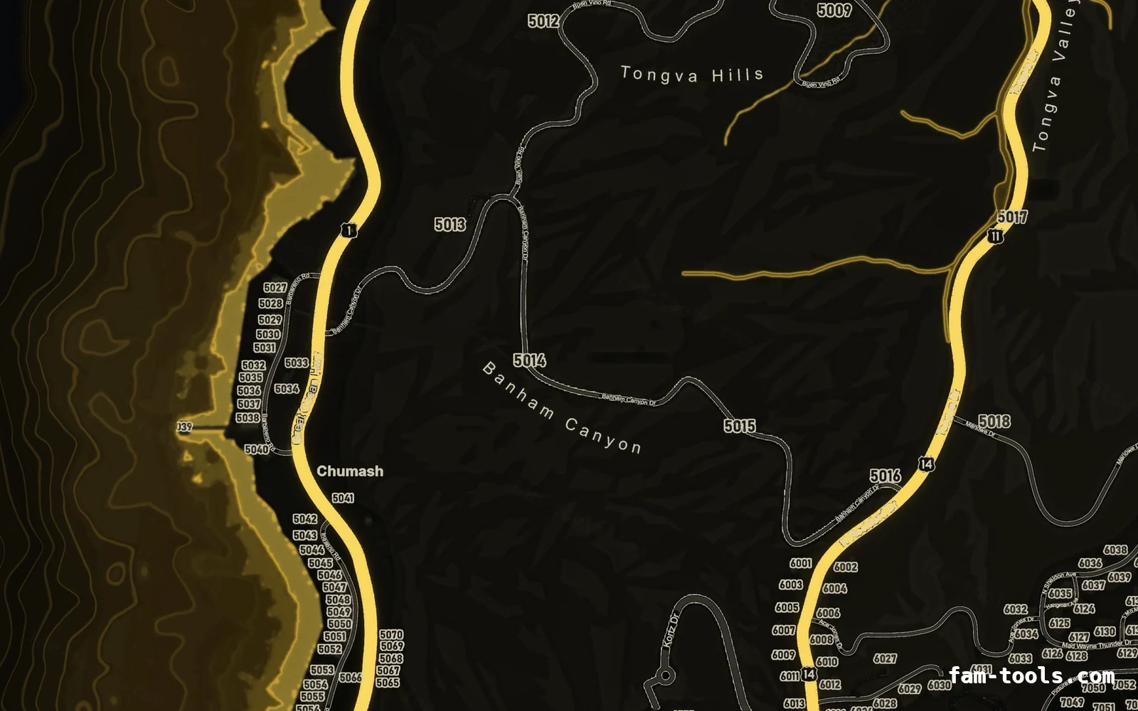 Yellow minimap — West coast Yellow SOLAR FiveM-compatible minimap for GTA 5 — google style — showing the west coast and depth contours