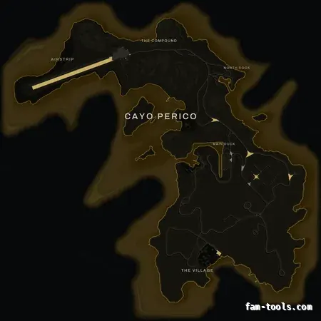 Yellow SOLAR Cayo Perico FiveM-compatible minimap for GTA 5 — optional island add-on in the same palette, without postal codes