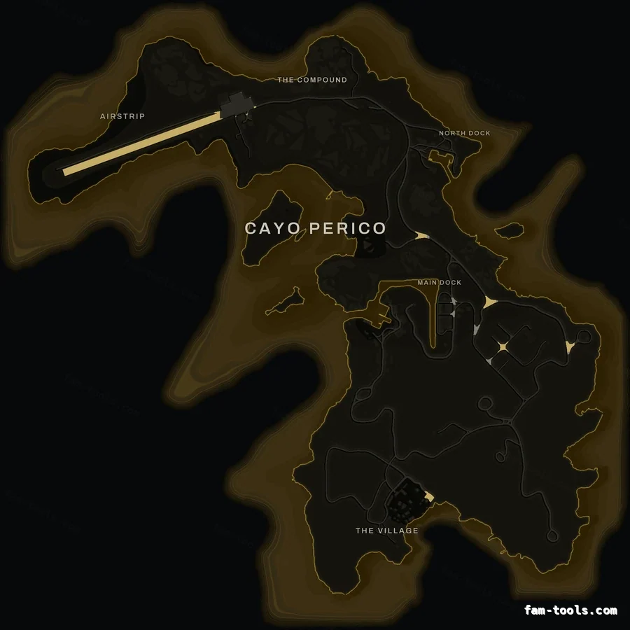 Yellow SOLAR Cayo Perico FiveM-compatible minimap for GTA 5 — optional island add-on in the same palette, without postal codes