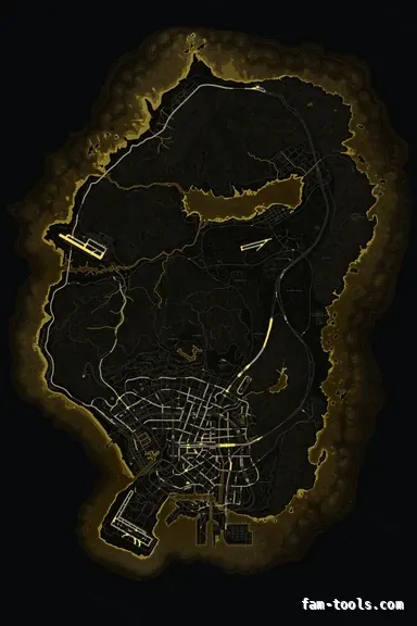 Yellow SOLAR FiveM-compatible minimap for GTA 5 — without postal codes — showing the whole Los Santos and Blaine County map