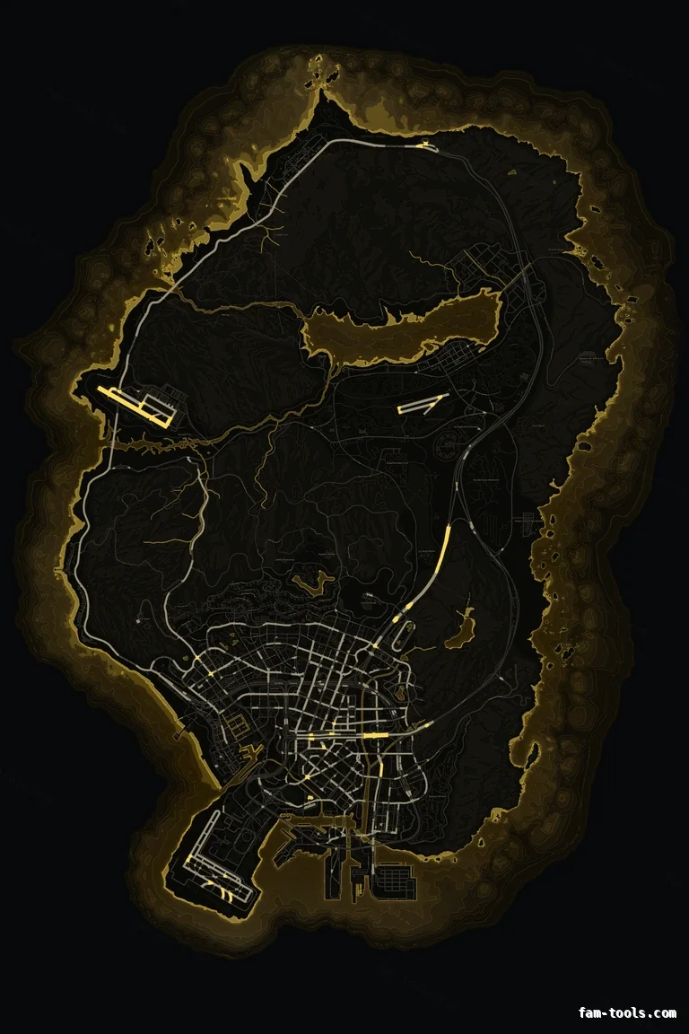 Yellow SOLAR FiveM-compatible minimap for GTA 5 — without postal codes — showing the whole Los Santos and Blaine County map