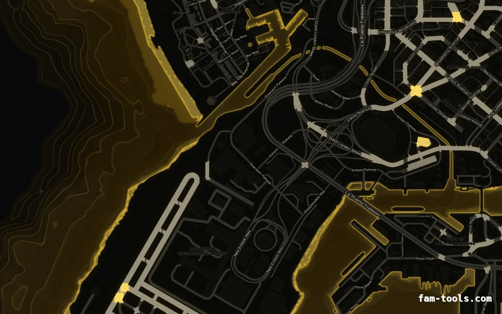 Yellow SOLAR FiveM-compatible minimap for GTA 5 — without postal codes — showing the harbour and industrial docks