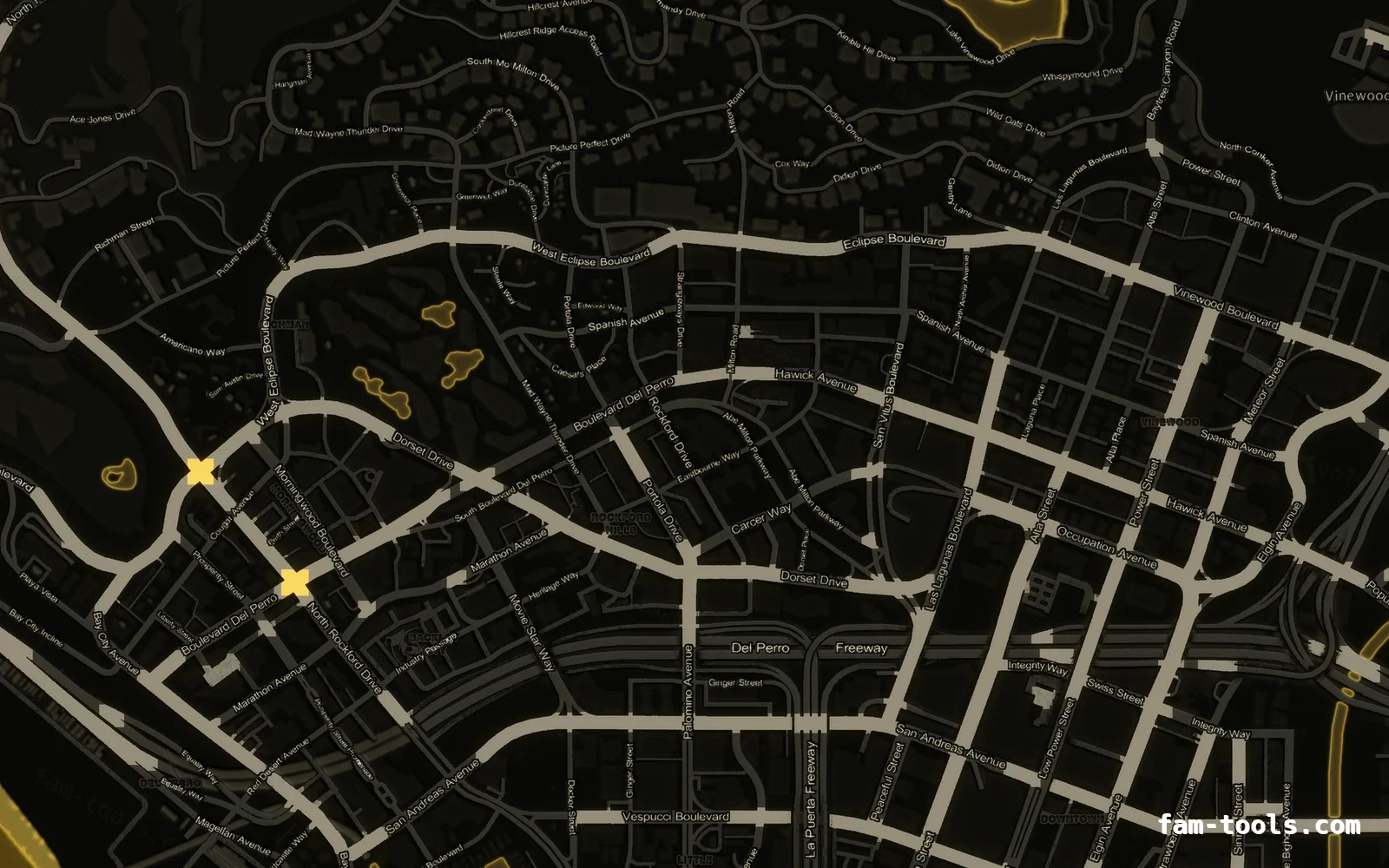 Yellow SOLAR FiveM-compatible minimap for GTA 5 — without postal codes — showing Los Santos street detail