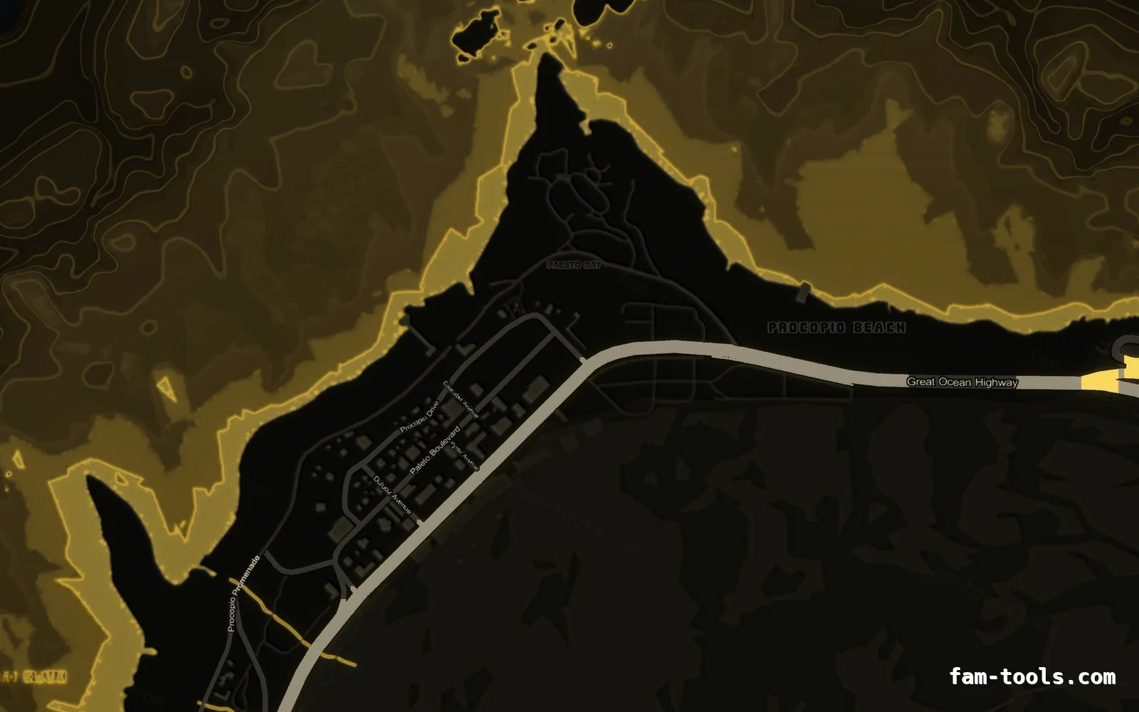 Yellow SOLAR FiveM-compatible minimap for GTA 5 — without postal codes — showing Paleto Bay and Mount Chiliad