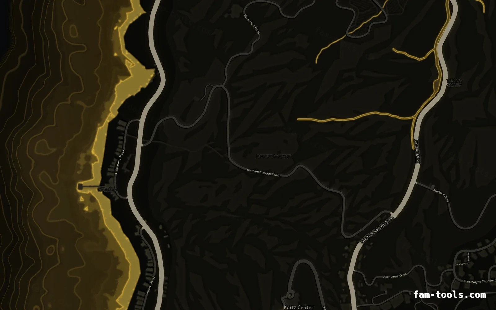 Yellow SOLAR FiveM-compatible minimap for GTA 5 — without postal codes — showing the west coast and depth contours