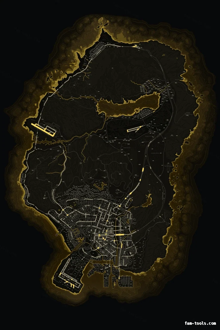 Yellow SOLAR FiveM-compatible minimap for GTA 5 — with postal codes — showing the whole Los Santos and Blaine County map