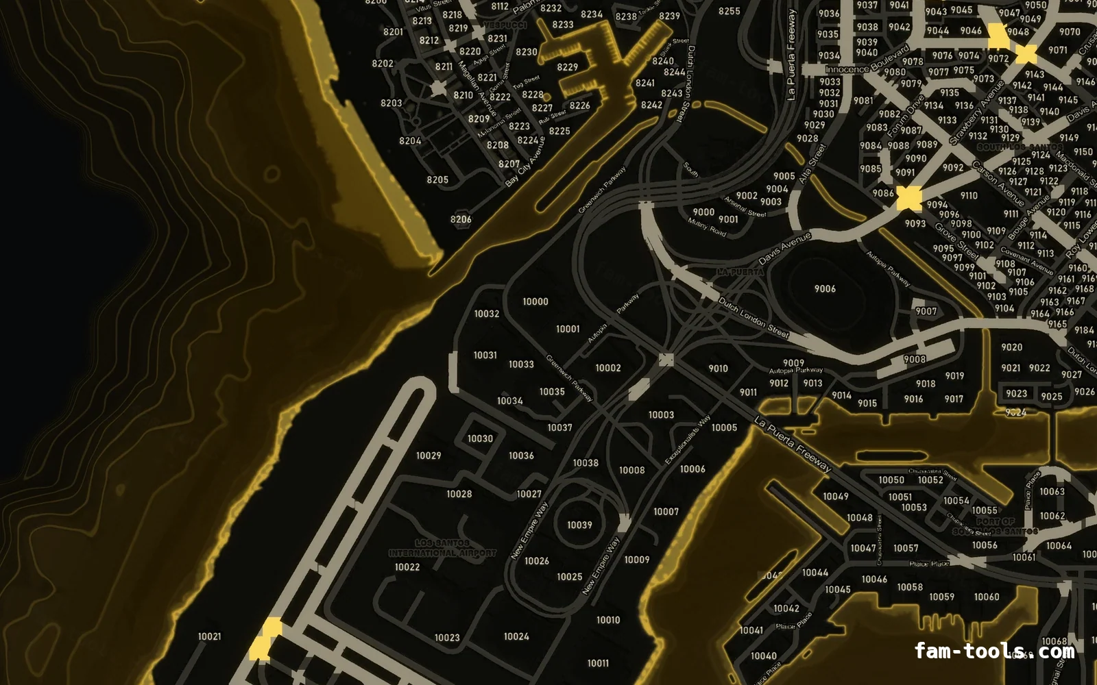 Yellow SOLAR FiveM-compatible minimap for GTA 5 — with postal codes — showing the harbour and industrial docks