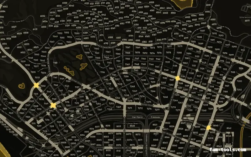 Yellow SOLAR FiveM-compatible minimap for GTA 5 — with postal codes — showing Los Santos street detail