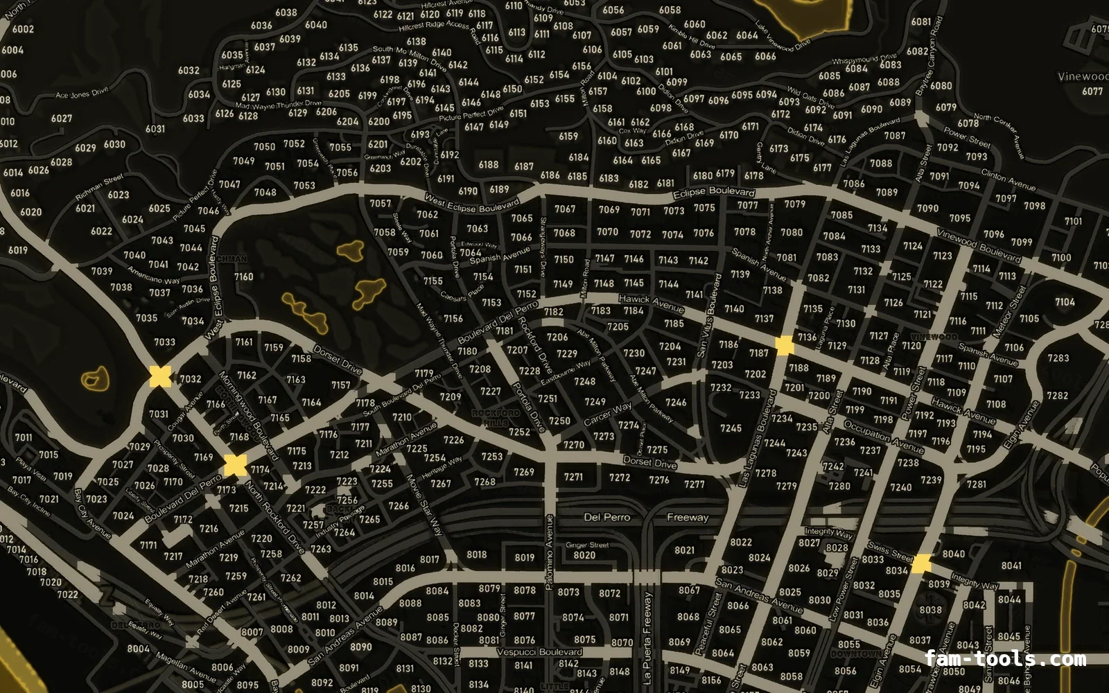 Yellow SOLAR FiveM-compatible minimap for GTA 5 — with postal codes — showing Los Santos street detail
