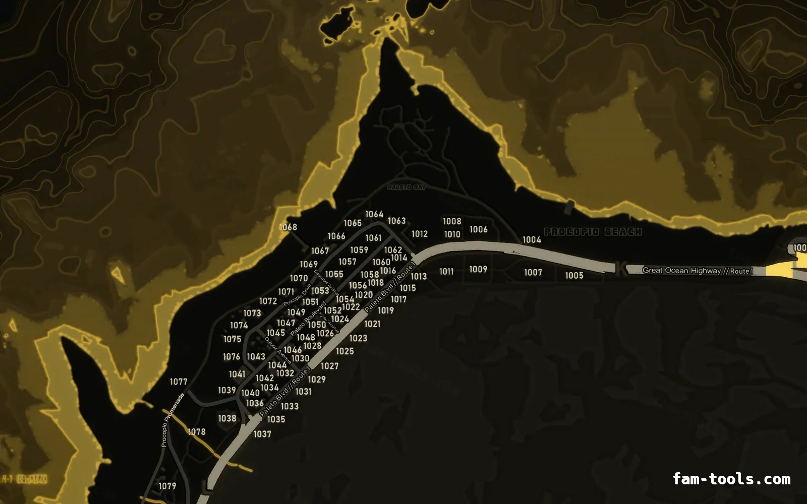 Yellow SOLAR FiveM-compatible minimap for GTA 5 — with postal codes — showing Paleto Bay and Mount Chiliad
