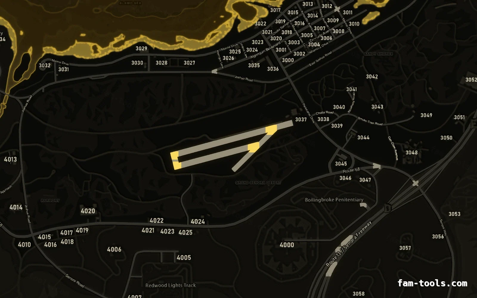 Yellow SOLAR FiveM-compatible minimap for GTA 5 — with postal codes — showing Sandy Shores and the desert