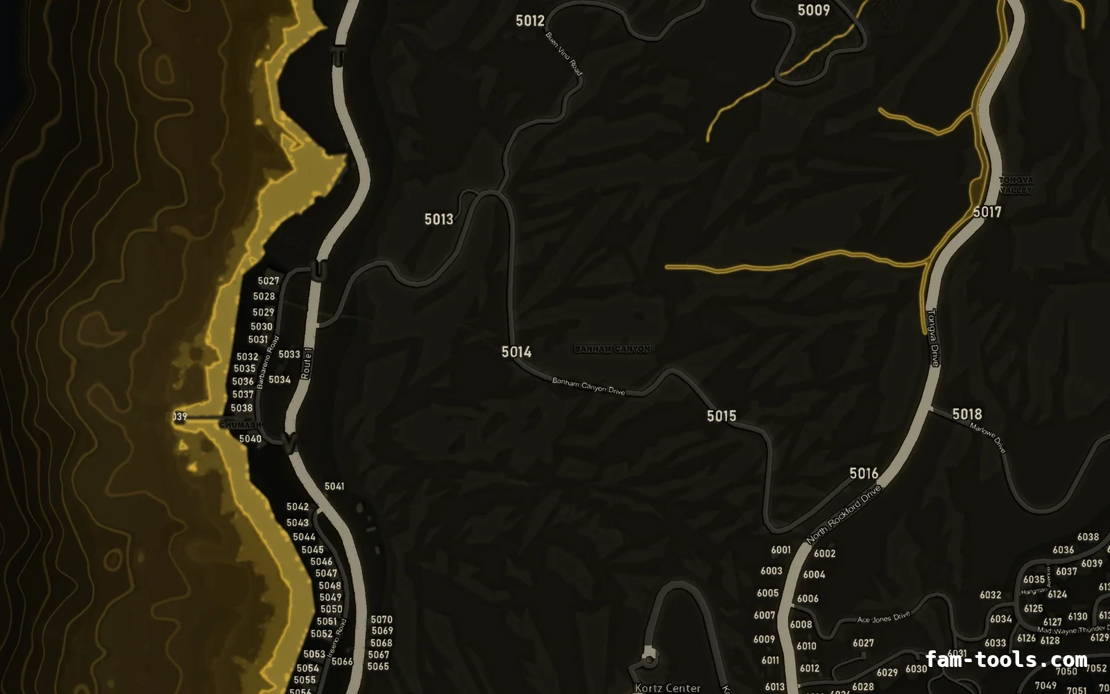 Yellow SOLAR FiveM-compatible minimap for GTA 5 — with postal codes — showing the west coast and depth contours