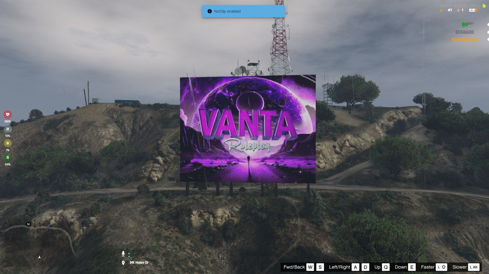 Custom FiveM logo billboard in 3D on the Vinewood hillside