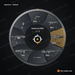 Aperture FiveM-compatible weapon wheel, overlapping iris blades with a machined lens barrel
