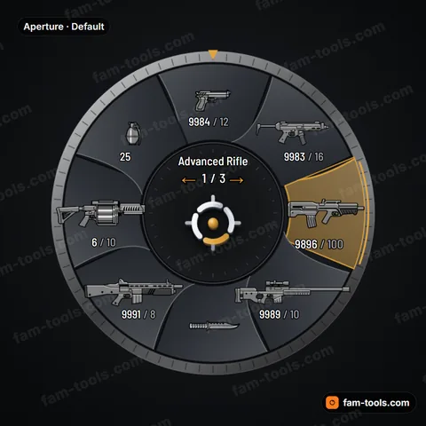 Aperture weapon wheel for FiveM, overlapping iris blades with a machined lens barrel