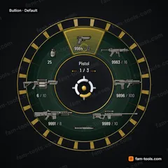 Bullion FiveM-compatible weapon wheel, stacked gold bars on green baize with banknote guilloché