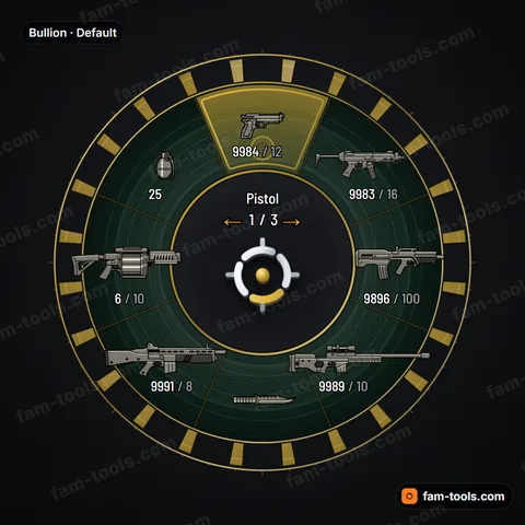 Bullion weapon wheel for FiveM, stacked gold bars on green baize with banknote guilloché