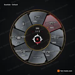 Bushido FiveM-compatible weapon wheel, lacquer disc, folded-steel blade segments and fine gold fittings