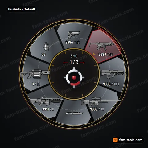 Bushido weapon wheel for FiveM, lacquer disc, folded-steel blade segments and fine gold fittings