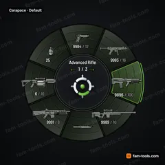 Carapace FiveM-compatible weapon wheel, layered chitin plates, hex micro-weave and lit bio seams