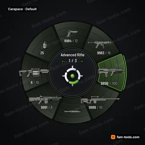 Carapace weapon wheel for FiveM, layered chitin plates, hex micro-weave and lit bio seams