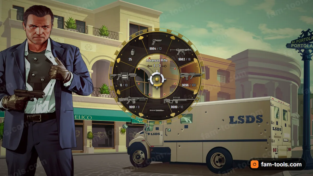 Cartel weapon wheel in the Blood money palette