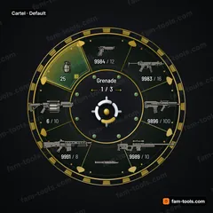 Cartel FiveM-compatible weapon wheel, ornate gold scrollwork, bullion rim and jade cabochons