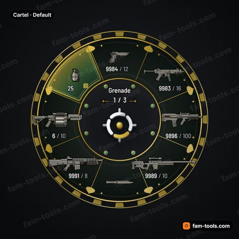 Cartel weapon wheel for FiveM, ornate gold scrollwork, bullion rim and jade cabochons