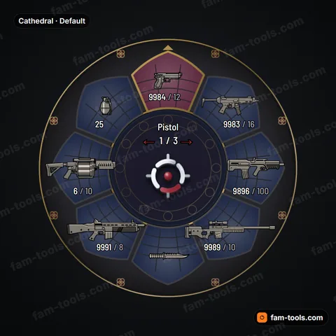 Cathedral weapon wheel for FiveM, gothic arch panels, leaded glass and a stone rose-window core