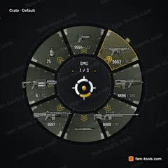 Crate FiveM-compatible weapon wheel, riveted ammo-crate panels with latches, corner caps and stencil chevrons