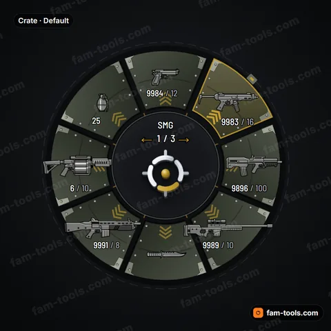 Crate weapon wheel for FiveM, riveted ammo-crate panels with latches, corner caps and stencil chevrons