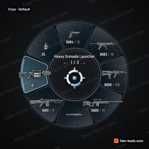 Cryo weapon wheel for FiveM, frosted glass panels with etched crystal edges and cold rim light