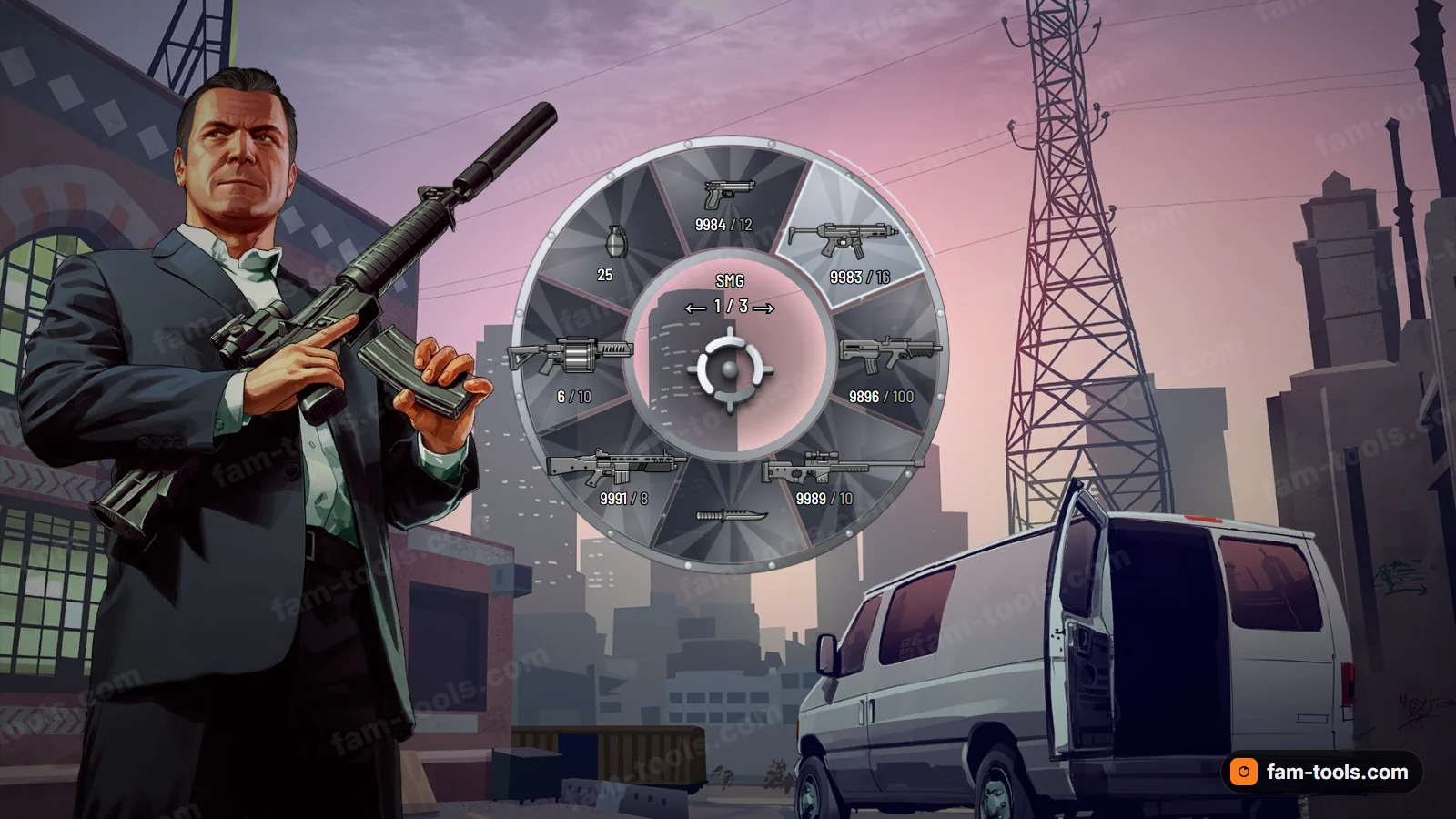 Diamond weapon wheel, open on a dark HUD