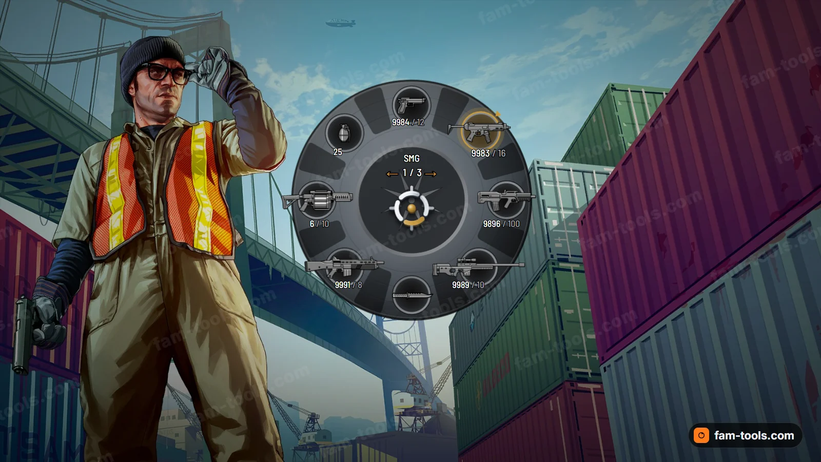Drum weapon wheel, open on a dark HUD