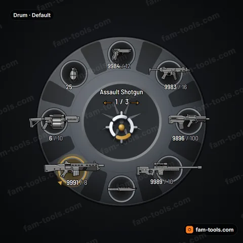 Drum weapon wheel for FiveM, revolver cylinder with fluted chambers, brass rims and an ejector star
