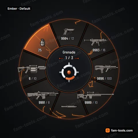 Ember weapon wheel for FiveM, basalt plates split by thin molten seams and a warm rim