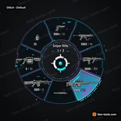Glitch FiveM-compatible weapon wheel, corrupted signal ring, rgb split, pixel noise and scanline selection