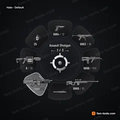 Halo FiveM-compatible weapon wheel, floating pill slots on a hairline ring, minimal premium light