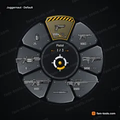 Juggernaut FiveM-compatible weapon wheel, heavy riveted armor plates, battle wear and hazard-striped selection