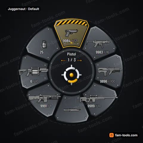 Juggernaut weapon wheel for FiveM, heavy riveted armor plates, battle wear and hazard-striped selection