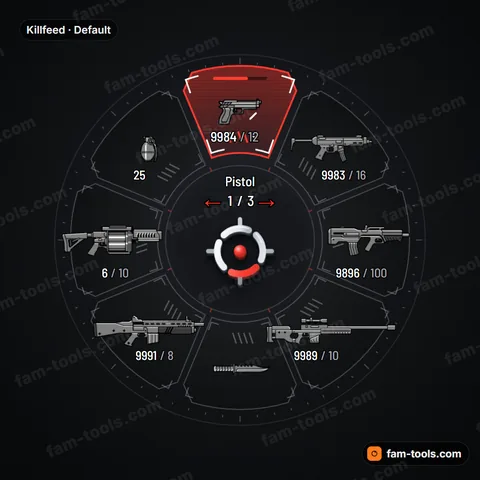 Killfeed weapon wheel for FiveM, deathmatch hud: bracket frames, tally marks and hit-marker selection
