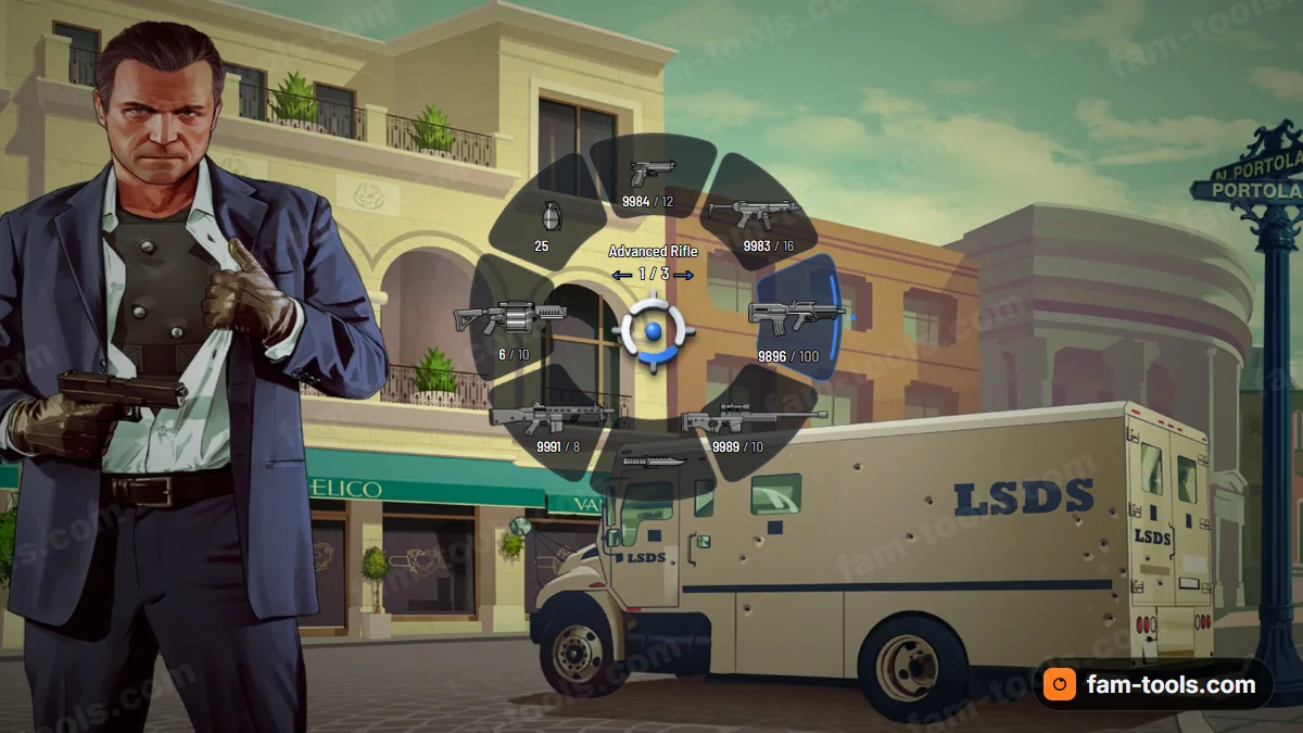 Minimal weapon wheel in the Azure palette