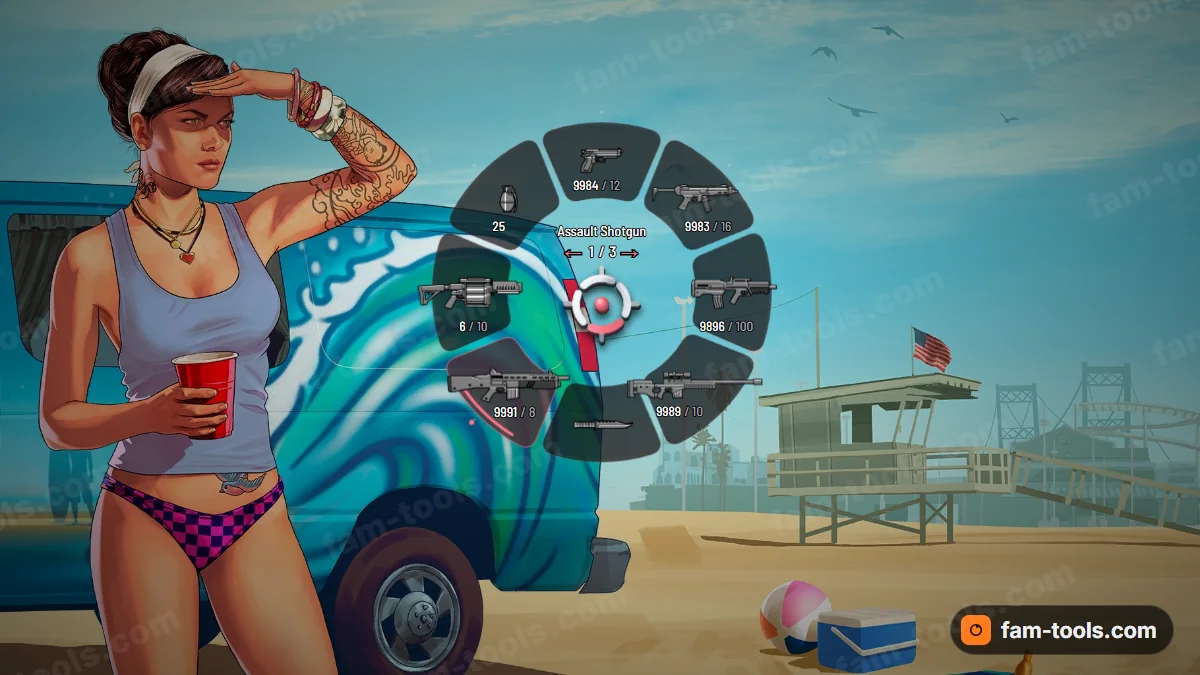 Minimal weapon wheel in the Coral palette