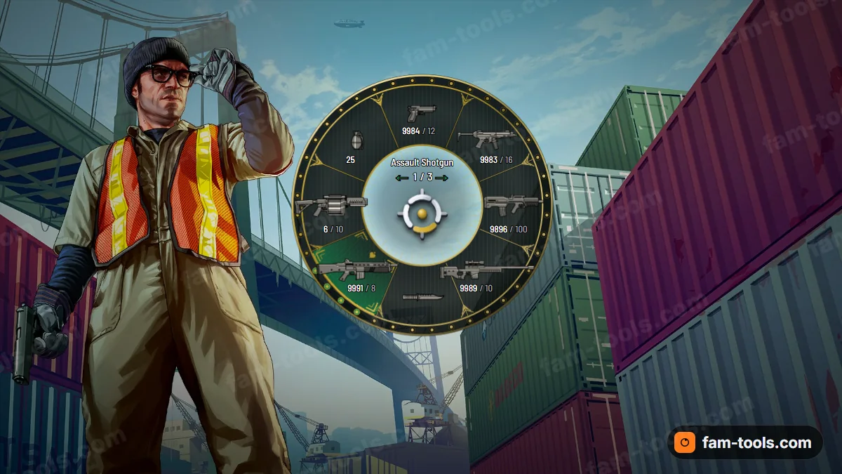 Mob Boss weapon wheel in the Emerald club palette