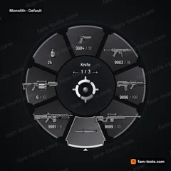 Monolith FiveM-compatible weapon wheel, brutalist concrete slabs with deep shadow gaps and a single accent edge