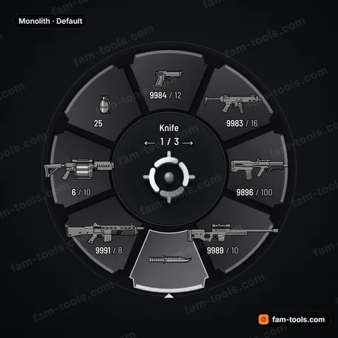 Monolith weapon wheel for FiveM, brutalist concrete slabs with deep shadow gaps and a single accent edge