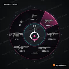 Neon Arc FiveM-compatible weapon wheel, split neon tubes, synth glow, dotted orbit