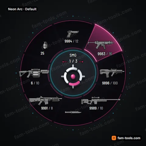 Neon Arc weapon wheel for FiveM, split neon tubes, synth glow, dotted orbit