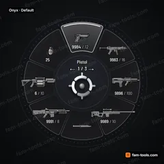 Onyx FiveM-compatible weapon wheel, polished black glass, fine ticks, crisp edge light