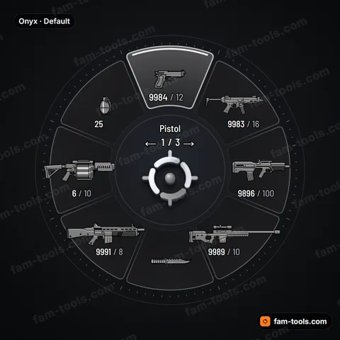 Onyx weapon wheel for FiveM, polished black glass, fine ticks, crisp edge light